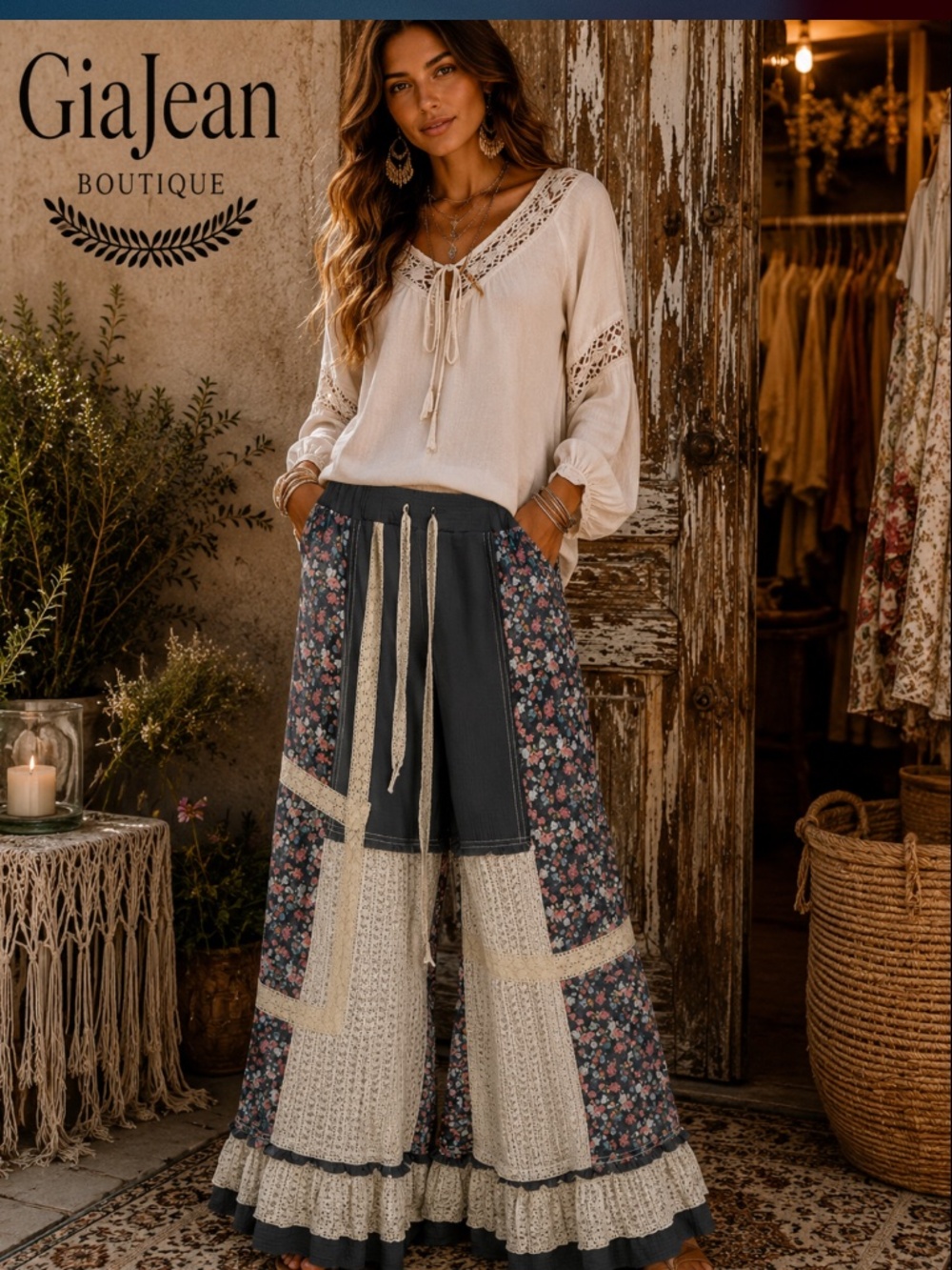 🎉 POL “ Brooke 2 “ POL Relaxed Fit Pants in Lace and Double Gauze Detail 69